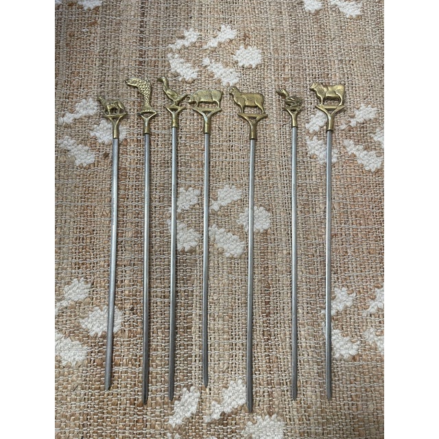 Vintage Brass Animal Top Skewers Set of 7 Brass & Steel For Sale - Image 11 of 11