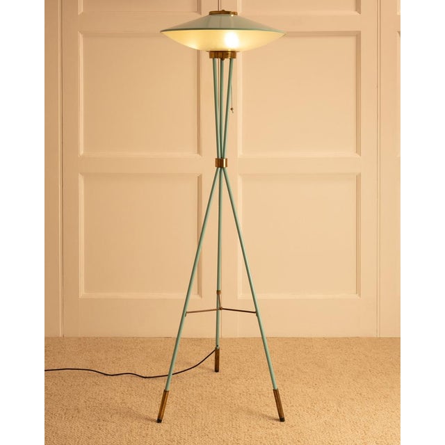 Italian Stilnovo floor lamp from the 1950s - Completely repainted in an antique blue-green with brass details. Dimensions:...