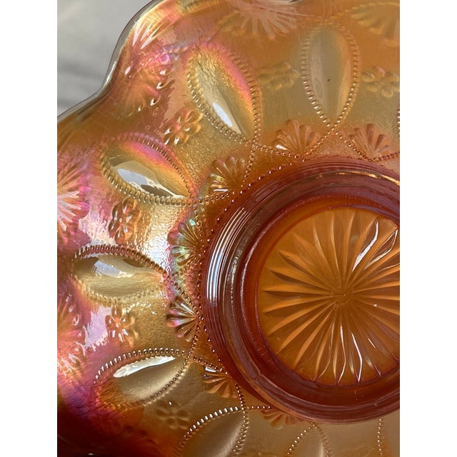 Early 1900s Northwood Stamped Hand Etched Iridescent Marigold Rosette Glass Ruffled Bowl For Sale - Image 4 of 11