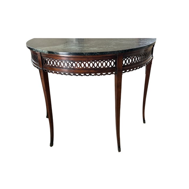 Baker Furniture Company Massive Antique Demilune Mahogany Console Table With Green Marble Top – Louis XVI Neoclassical / George III Style Entryway Fretwork Accent Table For Sale - Image 4 of 12