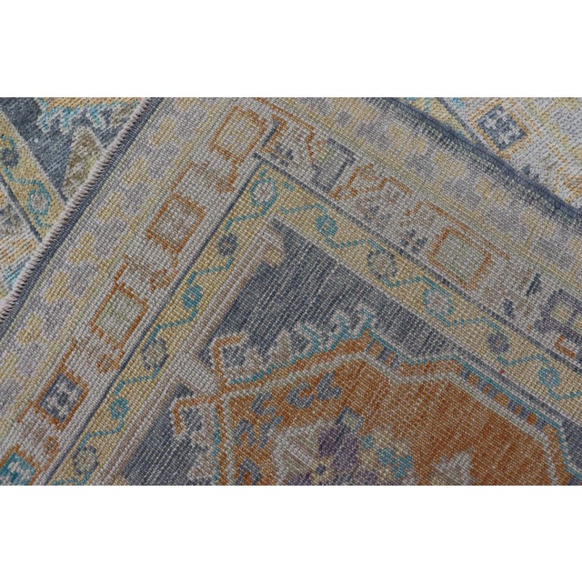 Turkish Oushak Runner in Pale Blue and Soft Gold Medallion Design 2'7 X 12'1 For Sale - Image 11 of 11