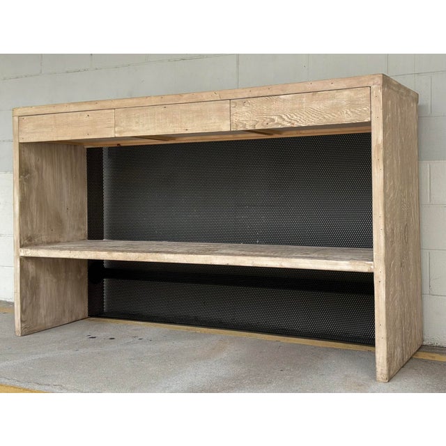 Original retail $3988, stylish Organic Modern Rustic Wood and Pierced Metal Bar, light wood frame, pierced metal screen,...