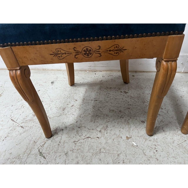 Set of four charles x style maple chairs, 20th century. Gondola chairs with marquetry backs and blue velvet seats. Good...