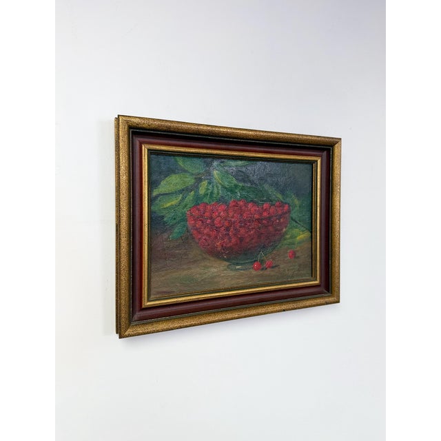 Mid 20th Century Oil Painting Still Life Bowl of Cherries, Gold Frame Art, Green Accents For Sale - Image 4 of 8