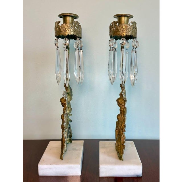 Victorian Antique Victorian Cornelius & Co. Gilt Mantel Lusters, Crystal Girandoles, Gold Figural Candlesticks Candelabra Marble 1800’s For Sale - Image 3 of 12