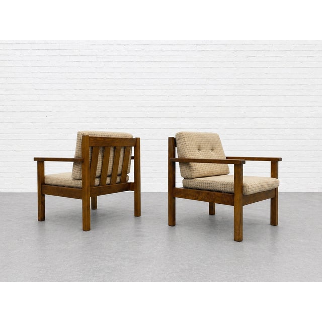 Pair - Mid Century Modern Lounge Chairs | Solid Wood Frame Armchairs | Vintage Upholstered Walnut Chairs, C. 1960’s For Sale - Image 4 of 13