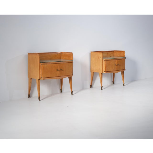 Italian Oak Bedside Tables with Glass Tops, 1950s, Set of 2 For Sale - Image 9 of 9