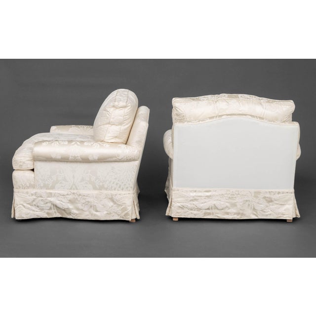 White Silk Damask Upholstered Easy Chairs, Pair For Sale In New York - Image 6 of 6