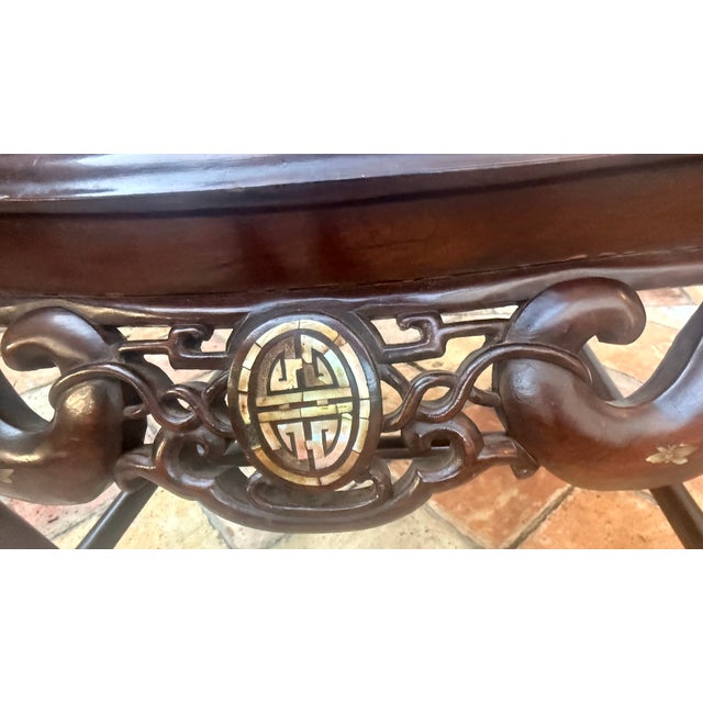 Vintage Chinese Hardwood Armchair With Mother-of-Pearl Inlay and Carved Longevity Motifs For Sale - Image 13 of 15