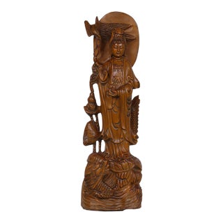Chinese Carved Guan Yin Statuary, Boxwood, Antique, Circa 1900-1940 For Sale