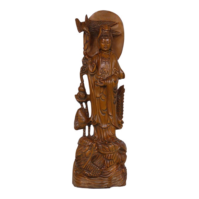 Chinese Carved Guan Yin Statuary, Boxwood, Antique, Circa 1900-1940 For Sale