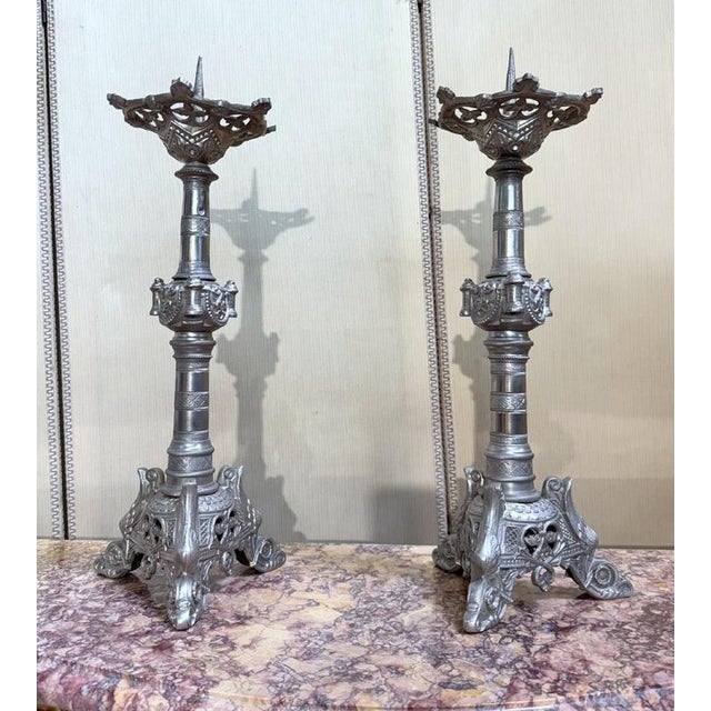 Silver Large Silver-Plated Bronze Candlesticks, 1800s, Set of 2 For Sale - Image 8 of 8