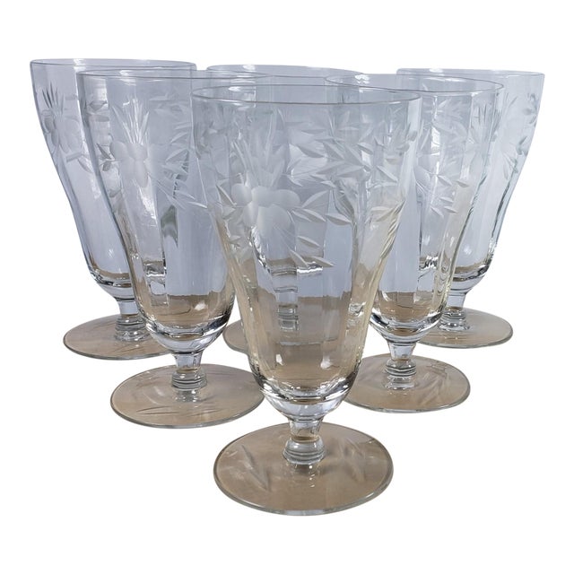 Vintage MidCentury Crystal Water Goblets Etched With Flowers and