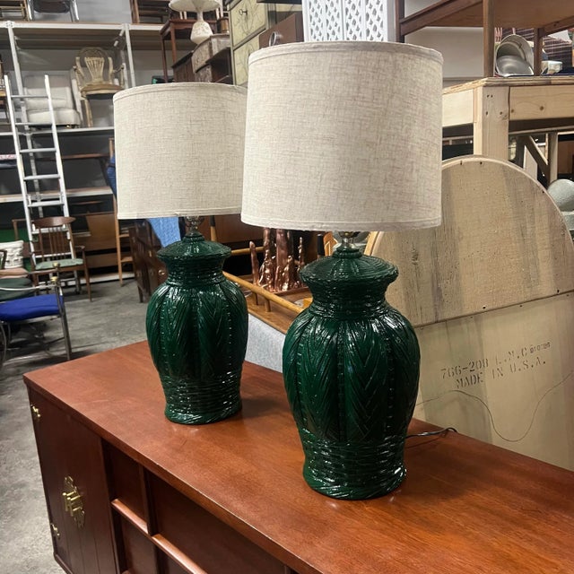 Green Vintage Green Basket Weave Ceramic Table Lamps - A Pair. For Sale - Image 8 of 10