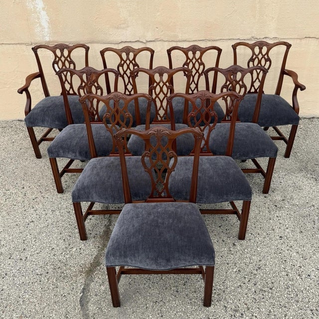 Antique Chippendale Style Mahogany Carved Fretwork Dining Chairs - Set of 10 For Sale - Image 17 of 18