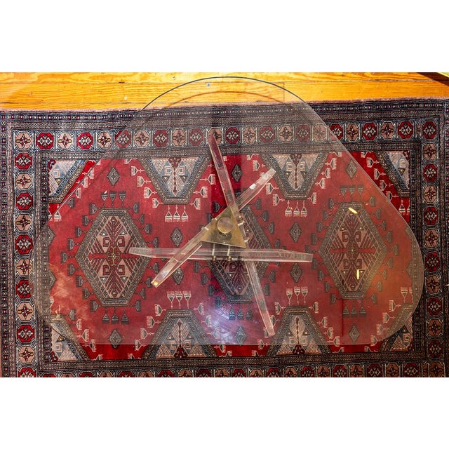 Mid Century Coffee Table With Angled Brass and Lucite Base With Triangle Glass Top. For Sale - Image 9 of 10