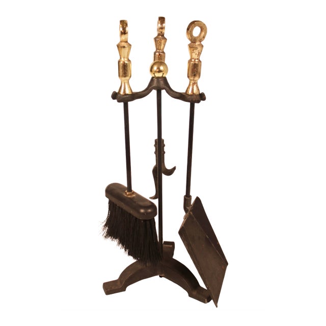 Mid Century Modern Black and Gold Iron and Brass Fireplace Tool Set For Sale