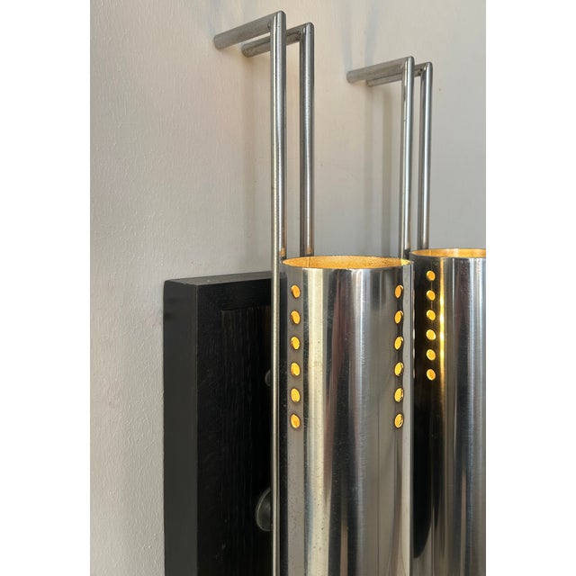 Vintage Wall Lights in Chromed Metal and Blackened Oak, France, 1970, Set of 2 For Sale - Image 4 of 11