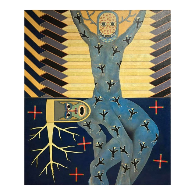 70s Painting of Two Blue Men With Animal Heads by Sean Roriarty For Sale