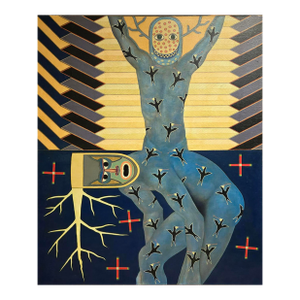 70s Painting of Two Blue Men With Animal Heads by Sean Roriarty