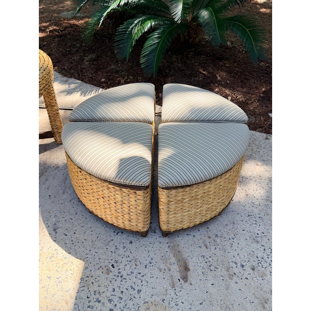 Round Woven Wicker Coffee/Game Table Set With Matching Nesting Stools Ottomans and Glass Top For Sale - Image 9 of 12