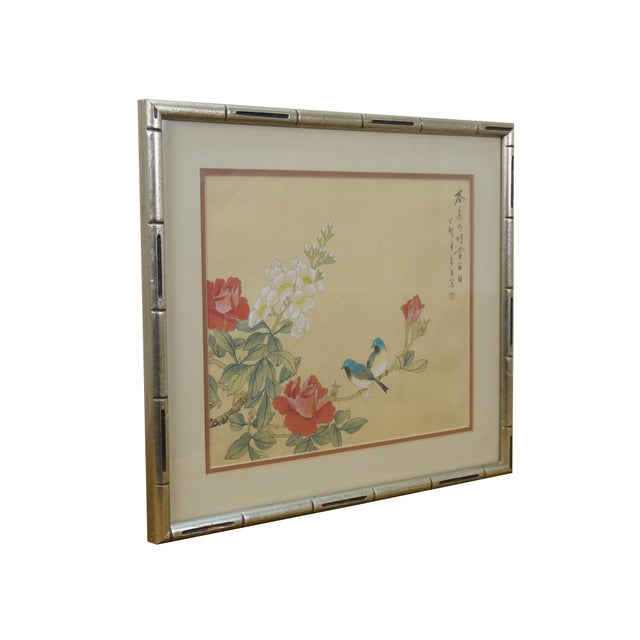 Circa mid 20th century Chinese watercolor painting on silk depicting a pair of birds perched on a flowering branch. Test...