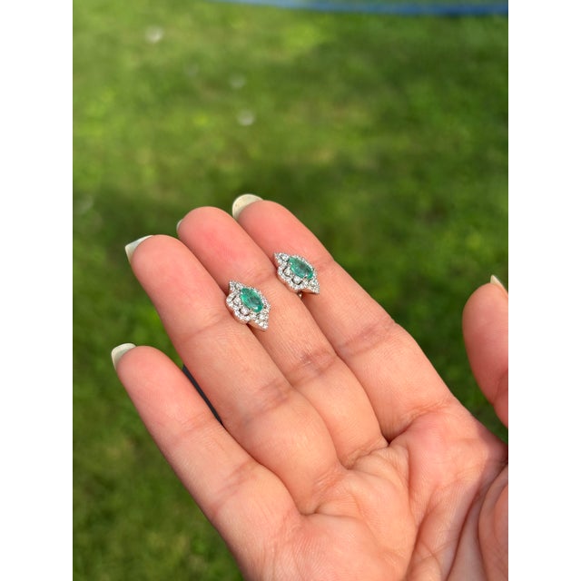 Green Emerald Diamond Floral Cluster Vintage Stud Earrings in 14k White Gold- A Pair For Sale - Image 8 of 15