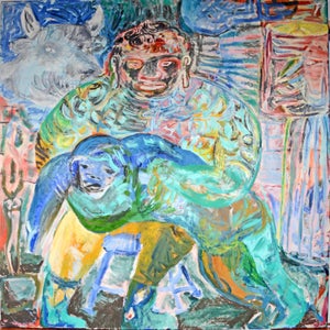 Roberto Juarez, Large Colorful 1983 Neo Expressionist Roberto Juarez Oil Painting Tron Family, 1983