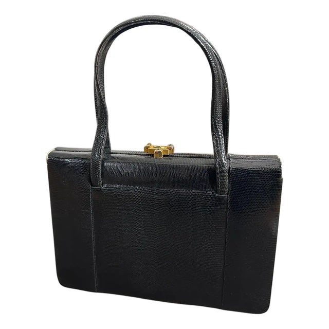 1950s High Quality Black Leather and Brass Hardware Italian Evening Bag For Sale