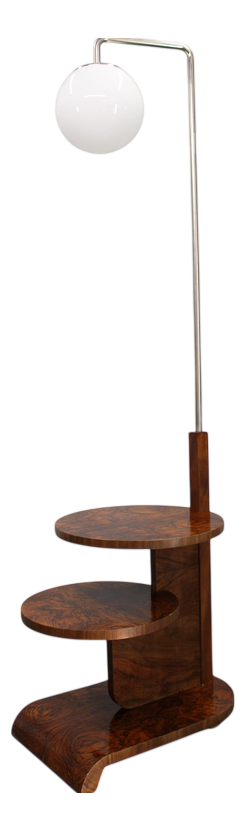 Art Deco Floor Lamp with Shelves in Glass, Walnut, and Metal, Czechoslovakia, 1930s