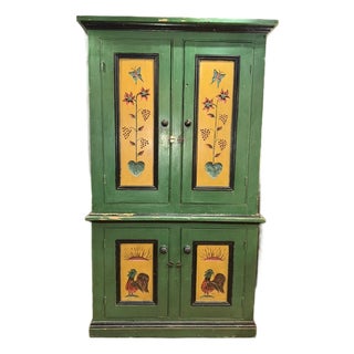 Early 20th Century Green Painted Two-Piece Folk Art Cupboard For Sale
