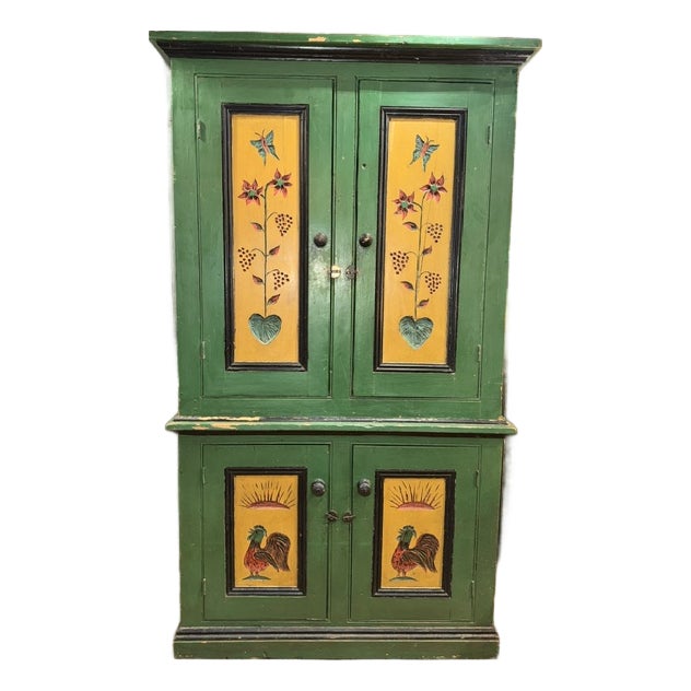 Early 20th Century Green Painted Two-Piece Folk Art Cupboard For Sale