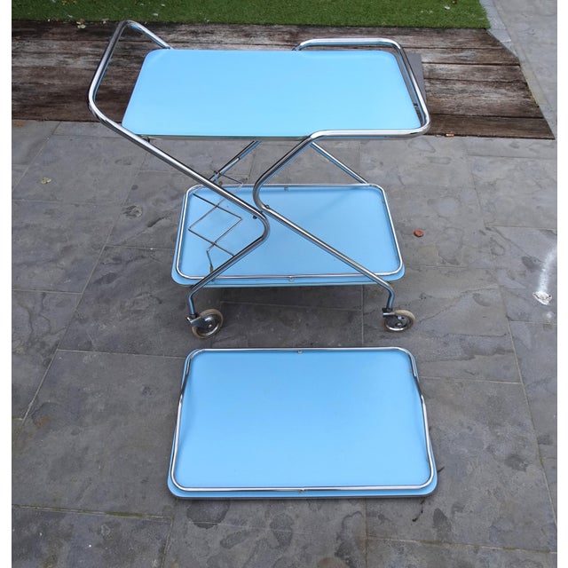 Bleu Formica and Chrome Plated Trolley with Removable Serving Tray from Torck, 1950s For Sale - Image 6 of 12