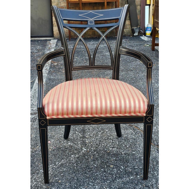 Pair of J. Widdicomb Neoclassical Partial Gilt Ebonized Wood Upholstered Armchairs For Sale - Image 9 of 10