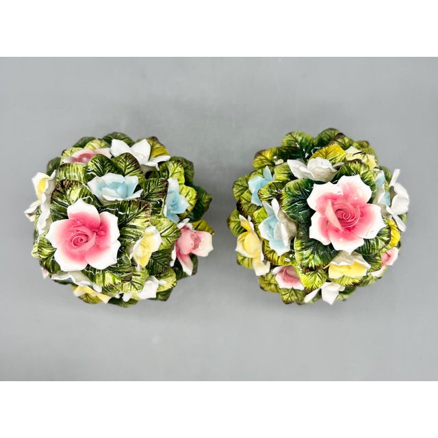 Petite Pair of Vintage Ceramic Floral Topiary Pedestals – Capodimonte Style - Cottagecore, Romantic, English Garden For Sale - Image 9 of 18