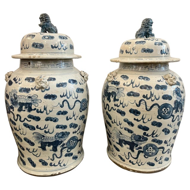Early 20th C. Antique Blue & White Chinoiserie Lidded Temple Jars- A Pair For Sale - Image 11 of 18