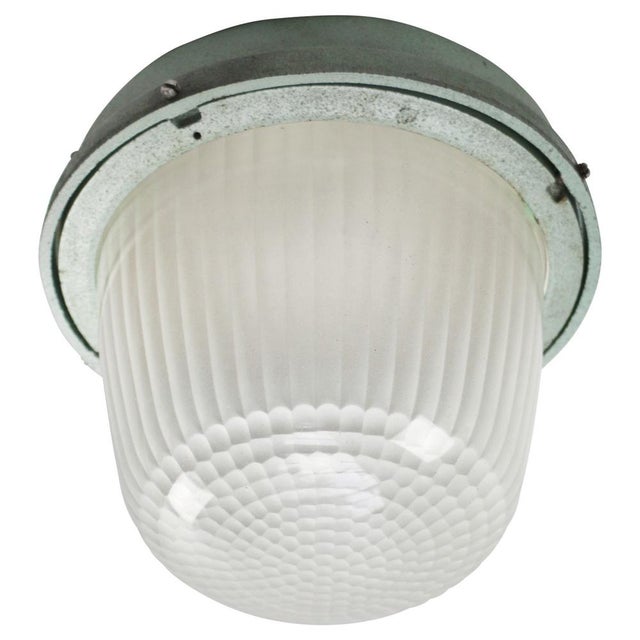 Industrial Vintage Industrial French Green Cast Iron and Frosted Cut Glass Flush Mount by Holophane For Sale - Image 3 of 7