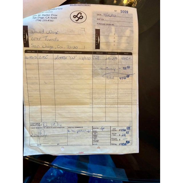 Erté Letter “W” Signed & Numbered Lithograph, 1977 — With Documentation For Sale - Image 11 of 12