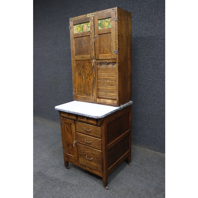 Farmhouse Rare Salesman Sample Style Hoosier Cabinet in Oak With Enamel Work Surface For Sale - Image 3 of 15