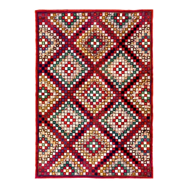 Striking Red Ground Color With Multicolor Diamond Design Antique American Hooked Rug For Sale