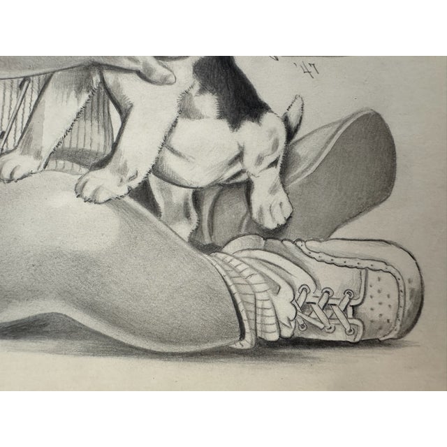 American 1940s Original Signed Graphite Illustration of Child Holding Puppy, 11.5 × 9 In. For Sale - Image 3 of 6