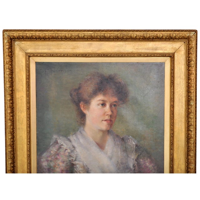 English Antique 19th Century English Impressionist Oil on Canvas Painting Female Portrait by F. Norman Circa 1895 For Sale - Image 3 of 11