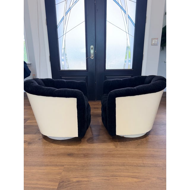 Pair of 1973 Thayer Coggin Black Chenille Swivel Lounge Chairs on White Drum Bases For Sale - Image 6 of 18