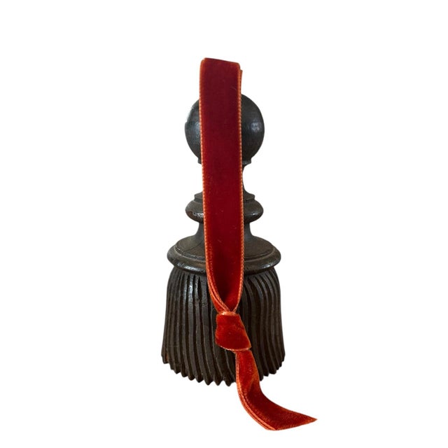 Antique French Carved Wood Tassel With Rust Red Velvet Ribbon For Sale - Image 4 of 7