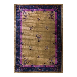 1920s Antique Large Yellow Floral Modern Chinese Art Deco Knotted Rug 11'9" X17' For Sale