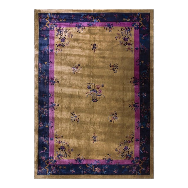 1920s Antique Large Yellow Floral Modern Chinese Art Deco Knotted Rug 11'9" X17' For Sale