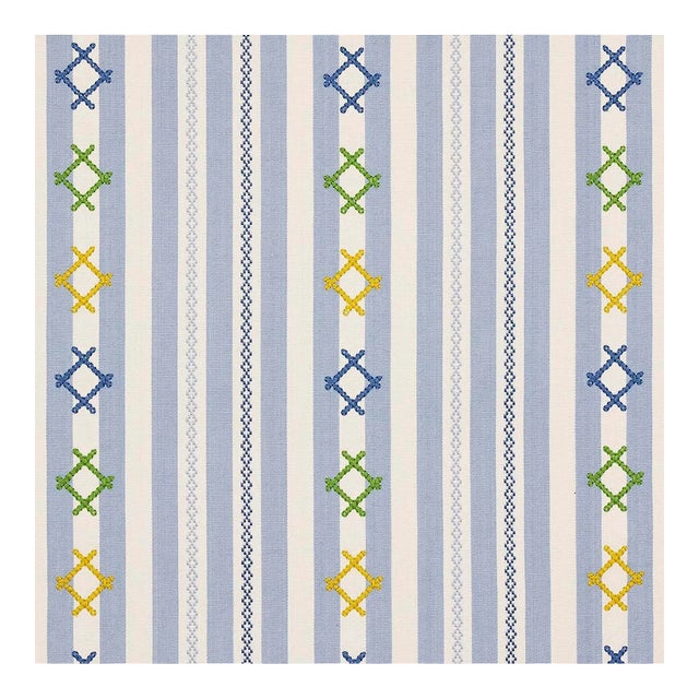 Schumacher Rhodes Stripe Fabric in Sky For Sale