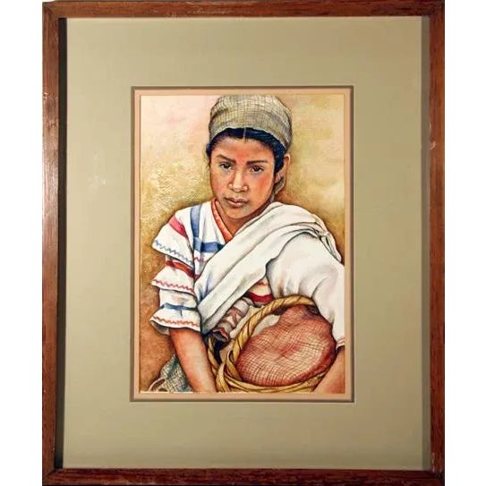 Portrait of a Woman with Basket Unknown Artist Year: 1986 Size: 15 in. x 10.5 in. Framed size: 24 x 20 inches Watercolor...