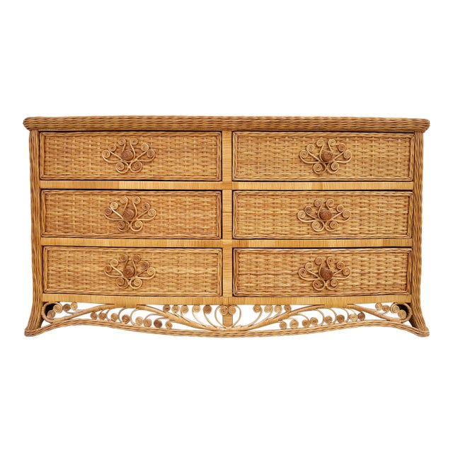 Victorian Style Six Drawer Rattan Dresser From 70's For Sale