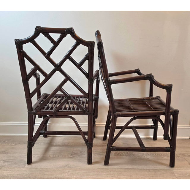 Chocolate Vintage Chinese Chippendale Organic Bamboo Dining Armchairs - A Pair For Sale - Image 8 of 16